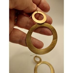 Double Circle Gold-Tone Dangle Earrings Modern Geometric 2.75" Length